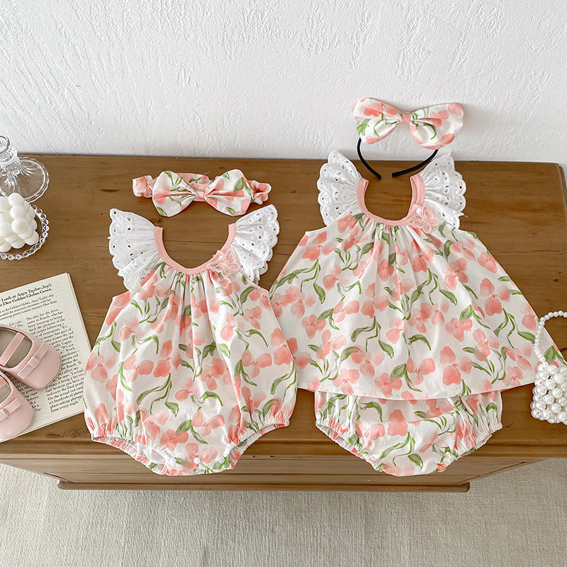 Conjunto de ropa y mono con tirantes de encaje sin mangas con estampado de flores para niñas de verano: conjunto de ropa a juego para hermanas 