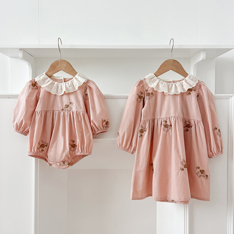 Spring Baby Girls Floral Embroidery Pattern Long-sleeved Onesies and Dress – Princess Sister Matching Set