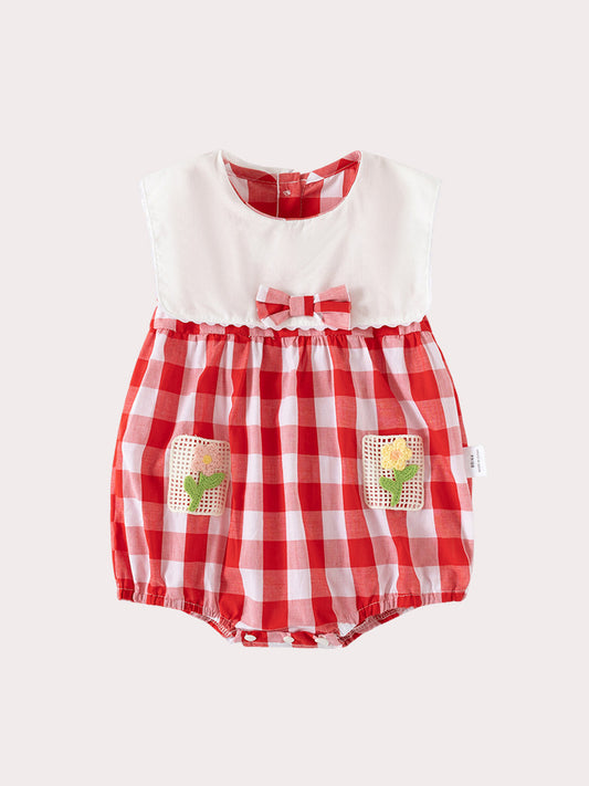 Summer Hot Selling Baby Kids Girls Sleeveless Crew Neck Color Patchwork Flowers Embroidery Pattern Onesies