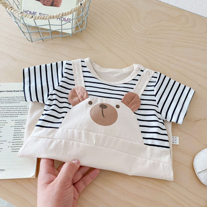 New Design Summer Baby Kids Unisex Teddy Bear Pattern Crew Neck Short Sleeves Striped Color Patchwork Romper