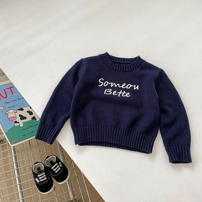 Conjunto de ropa de otoño para bebés y niños con patrón de bordado de letras, jersey de punto con cuello redondo y pantalones vaqueros 