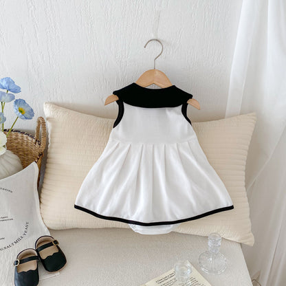 Summer New Arrival Baby Girls Sleeveless Letters Pattern Preppy Collar Onesies Dress