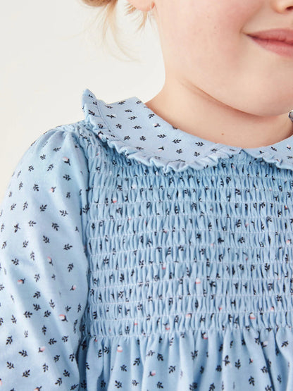 Design Autumn Girls Little Flowers Pattern Peter Pan Collar Long Sleeves Blue Dress