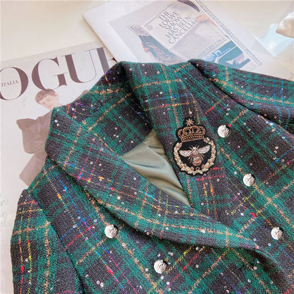 Girls Dark Green Plaid With Dots Open Front Cardigan&Skirt Preppy Suits