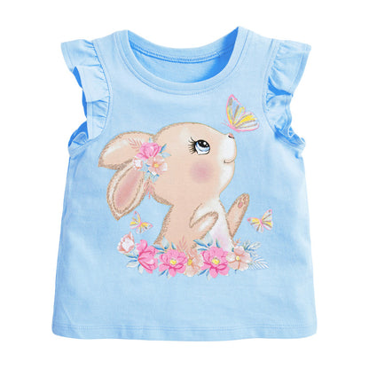 Crew Neck Rabbit Cartoon Print Ruffle Sleeveless Girls’ T-Shirt