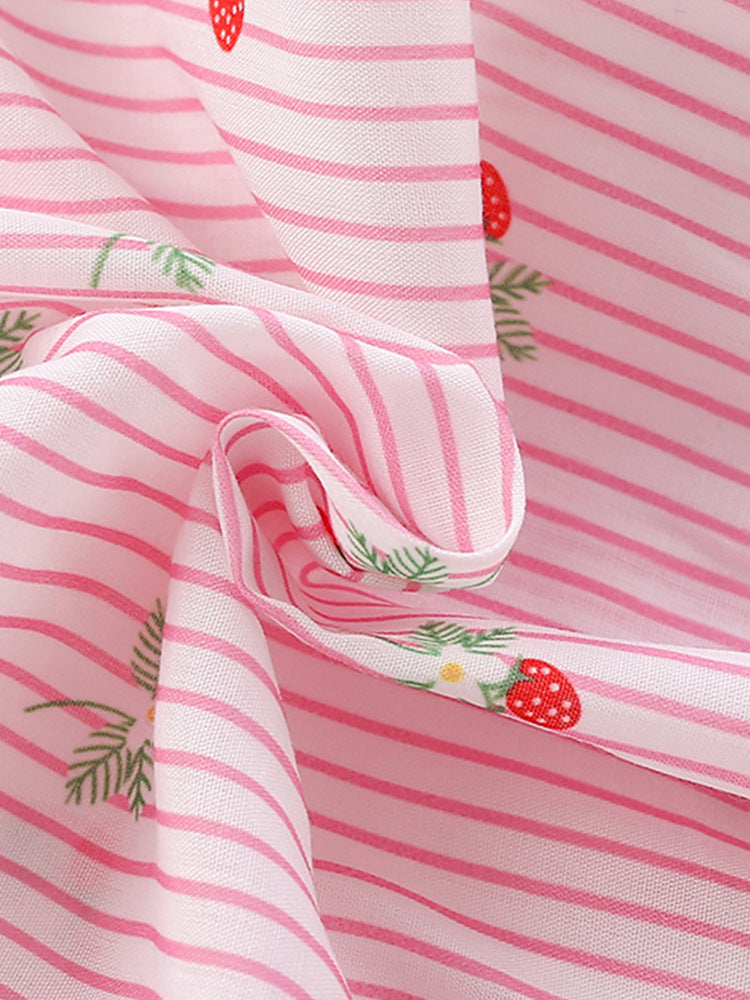 Summer New Arrival Girls’ Strawberry Pattern Striped Single Breasted Short Sleeves Round Neck Dress