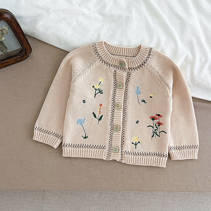 Arrival Baby Girls Comfortable Flowers Embroidery Pattern Knitted Long Sleeves Cardigan