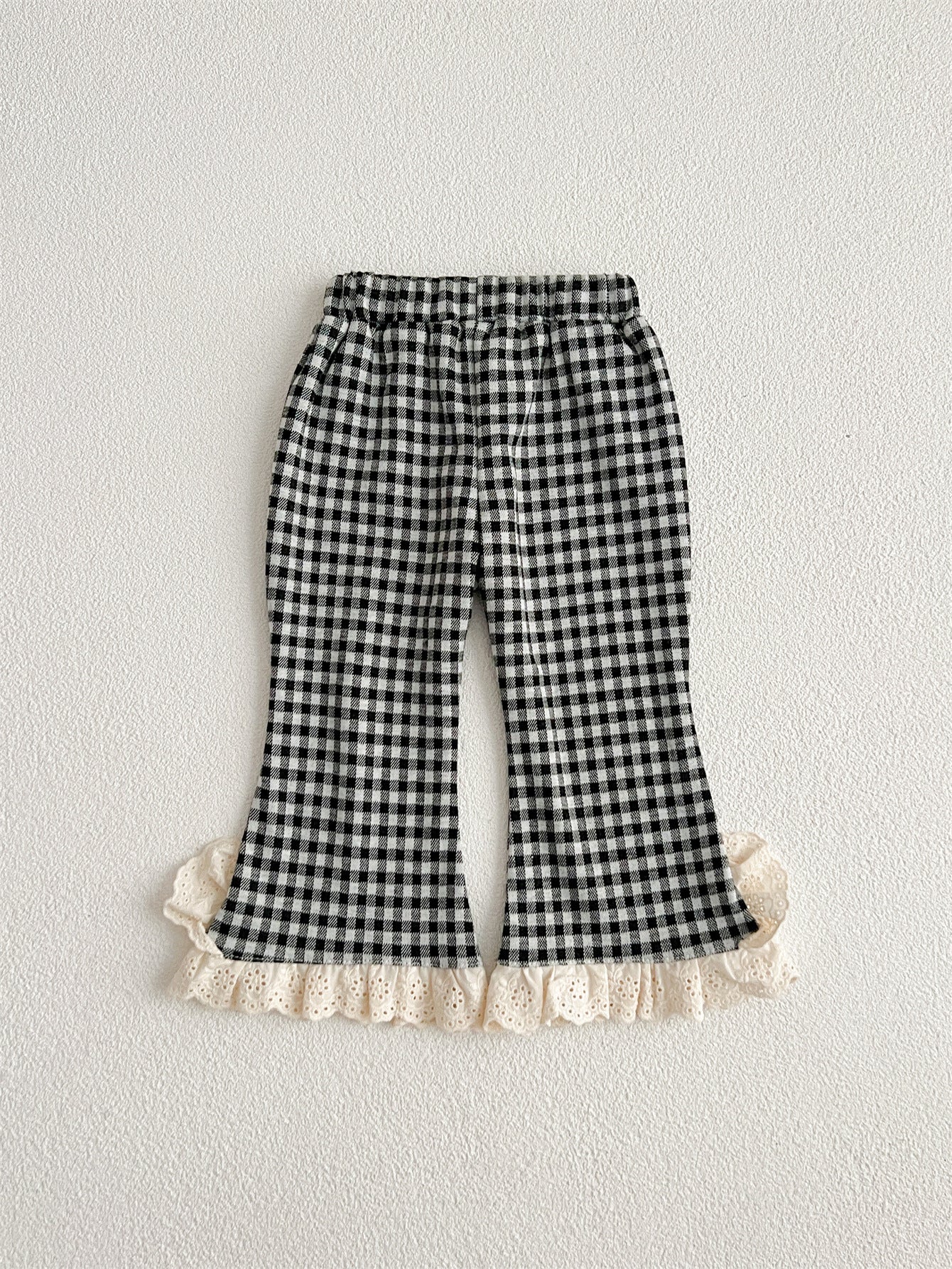 Pantalones a cuadros baratos para niñas y bebés de otoño con ribete de encaje 