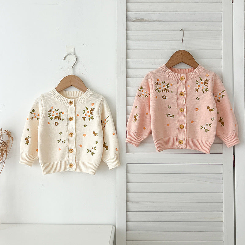 Autumn New Arrival Baby Kids Girls Comfortable Flowers Embroiedery Pattern Knitted Long Sleeves Cardigan