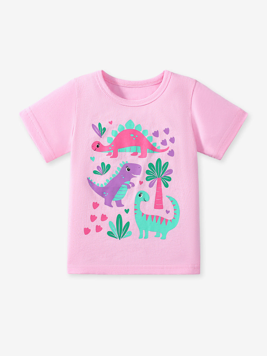 Pieces Girls’ Dinosaurs Cartoon Pattern Short Sleeves T-shirt in European and American Style for Summer