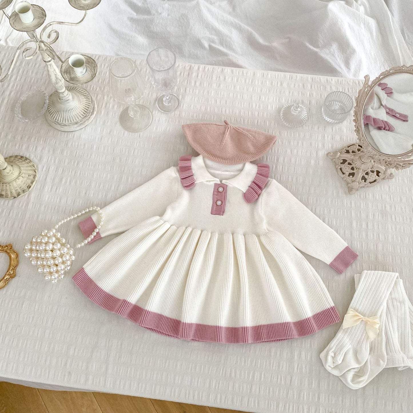 Autumn New Arrival Baby Girls Knitted Long Sleeves Color Patchwork Dress