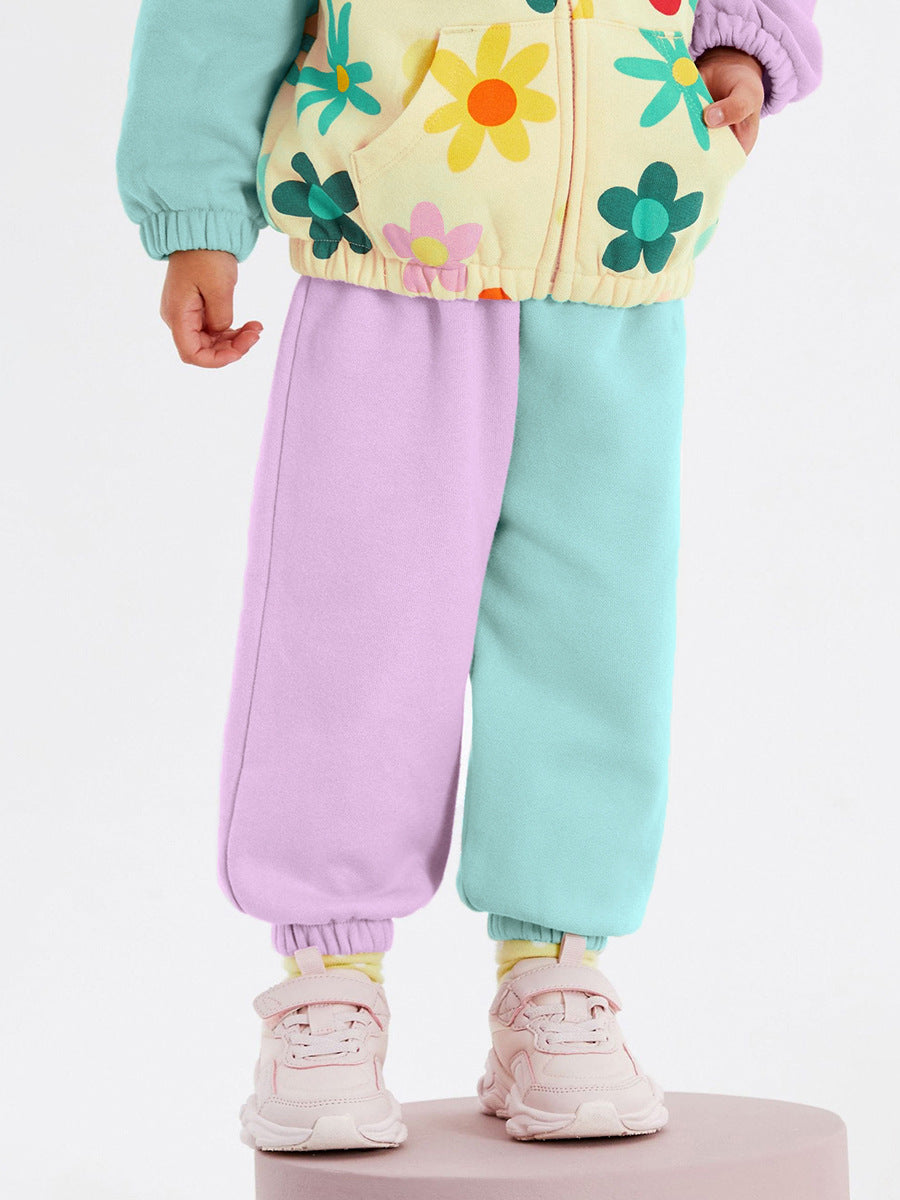 High Quality Spring And Autumn Girls Colorful Flowers Pattern Color Patchwork Long Sleeves Top Hoodie And Pants Clothing Set