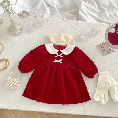 Autumn and Winter New Arrival Baby Girls Long Sleeves Peter Pan Collar Cozy Dress