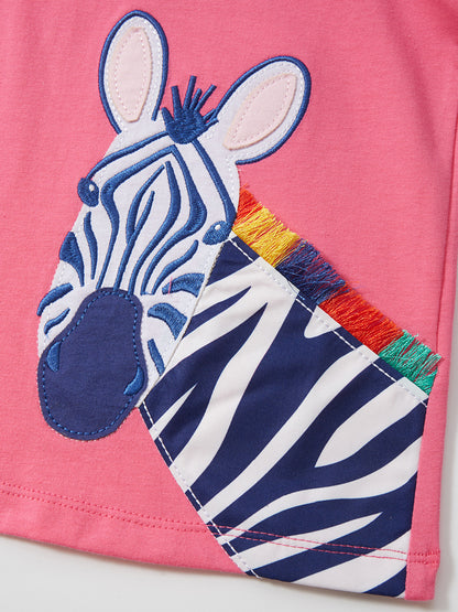 Cute Knit Round Neck Zebra Cartoon Girls’ T-Shirt In European And American Style For Summer