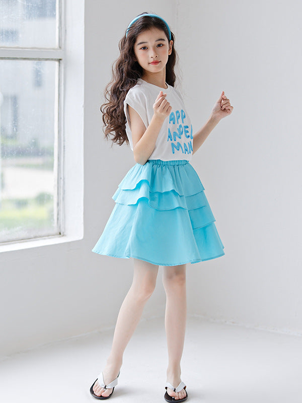 Summer Hot Selling Girls Letters Pattern Sleeveless T-Shirt And Solid Color Pleated Skirts Clothing Set