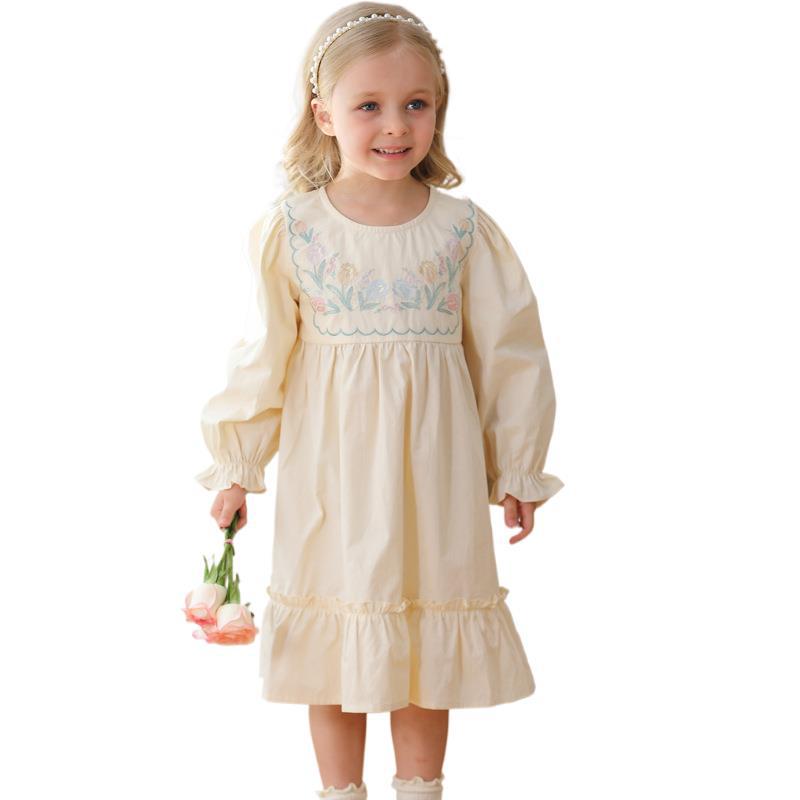 Arrival Autumn Girls French Style Crew Neck Long Sleeves Floral Embroidery Pattern Dress