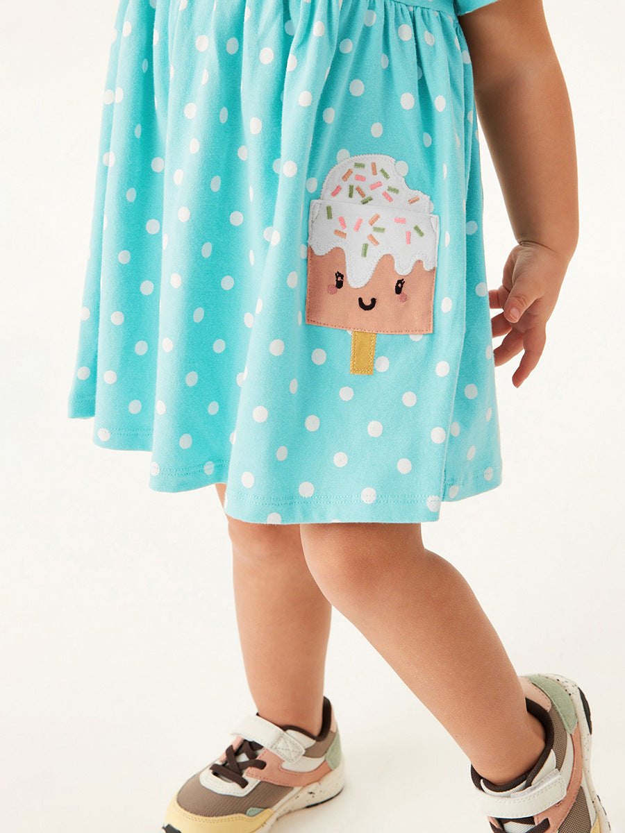 Spring And Summer Baby Girls Short Sleeves Ice-Cream Cartoon Polka Dots Dress