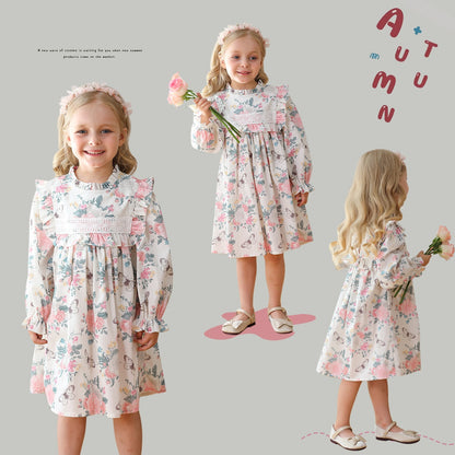 Vestido floral de manga larga con cuello con volantes para niñas de otoño 