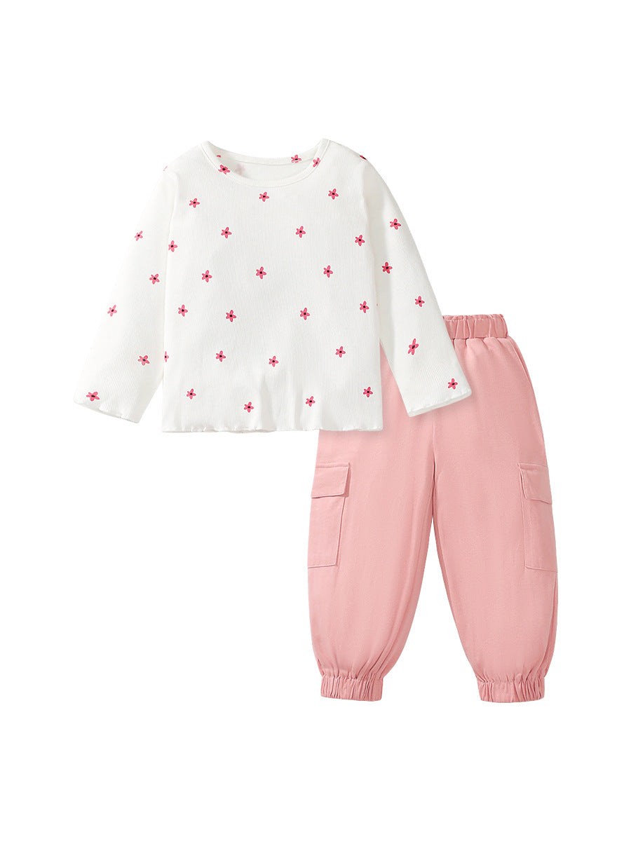 Spring And Autumn Girls Casual Simple Star Print Long Sleeves Top T-Shirt And Pants Clothing Set