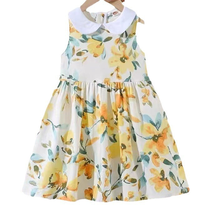 Arrival Summer Girls Sleeveless Peter Pan Collar Flowers Pattern Thin Dress