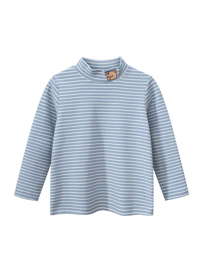 Autumn Baby Kids Boys Teddy Embroidery Pattern Striped Long Sleeves Turtle Neck Top Pullover