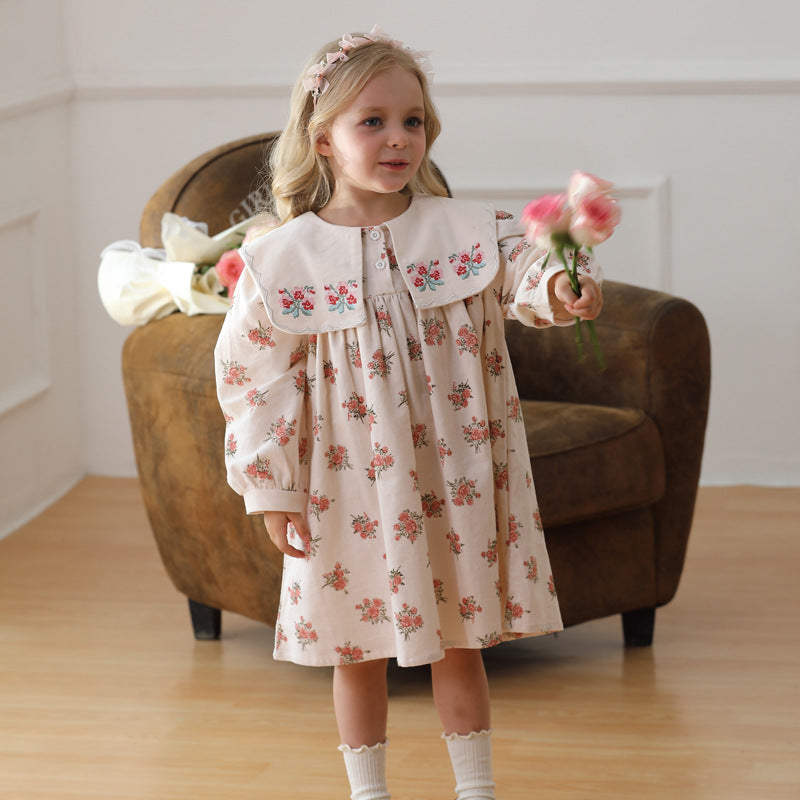 Design Autumn Girls Fashion Floral Long Sleeves Square Collar Dress