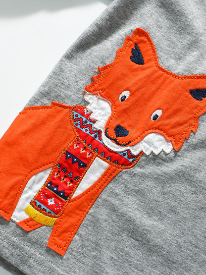 Arrival Autumn Kids’ Fox Cartoon Pattern Appliqué Embroidery Long Sleeves T-Shirt In European And American Style