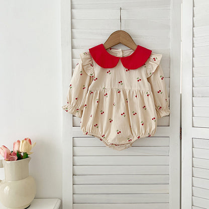 Recién llegado, mono y vestido con cuello Peter Pan y estampado de cerezas de manga larga para niñas y bebés de otoño: conjunto a juego de princesa y hermana 