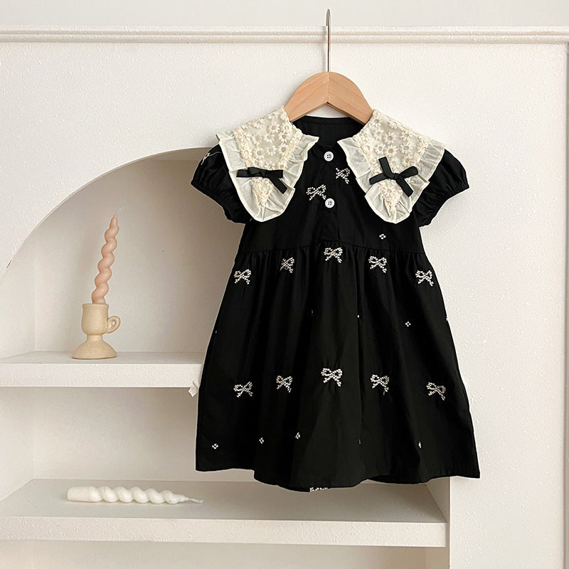 New Design Summer Baby Kids Girls Floral Pattern Collar Short Sleeves Bows Embroidery Onesies And Girls’ Dress – Princess Sister Matching Set