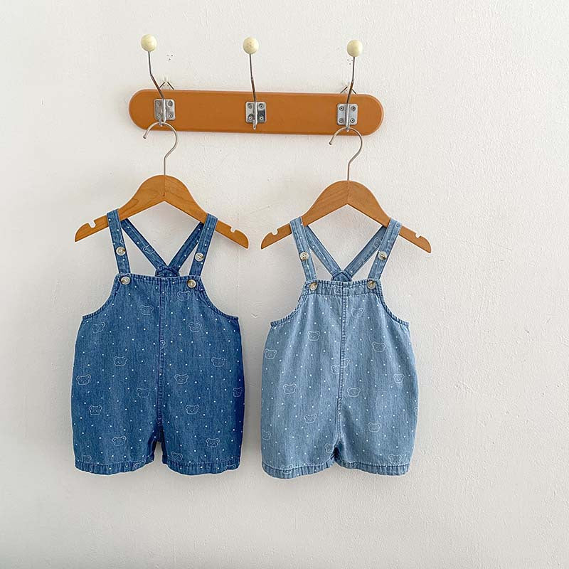 Summer Baby Kids Unisex Teddy Print White Dots Denim Overalls