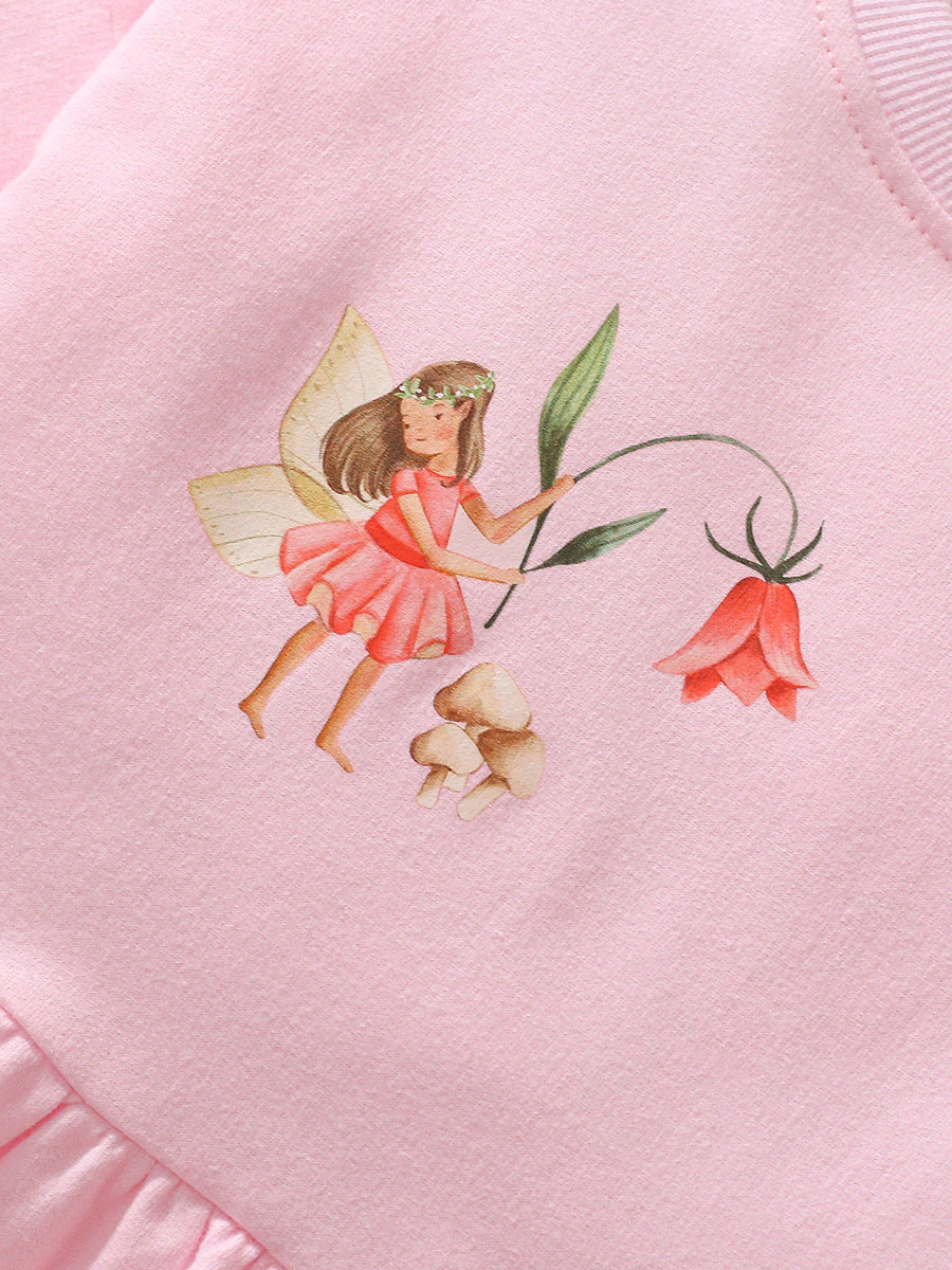 Design Autumn Girls Cartoon Fairy Pattern Crew Neck Long Sleeves Pink Princess Dress