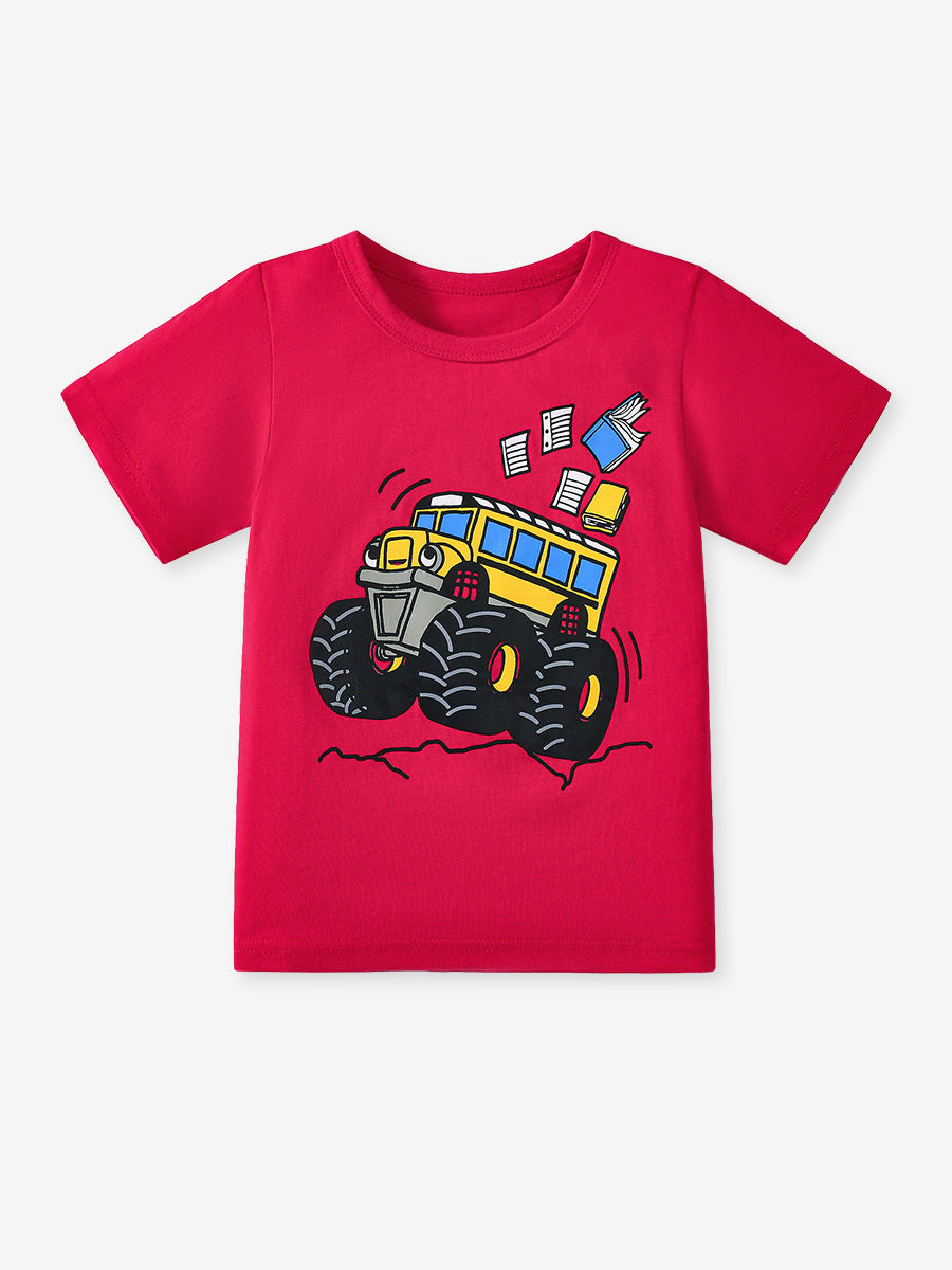 Boys’ Suv Cartoon Pattern Short Sleeves T-shirt in European and American Style for Summer