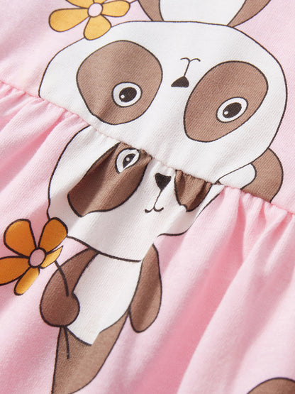 Spring And Summer Baby Girls Pink Short Sleeves Panda Animals Collection Dress