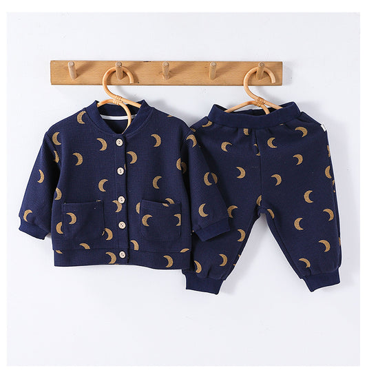 New Arrival Spring Baby Kids Unisex Long Sleeves Simple Print Top and Long Trousers Clothing Set