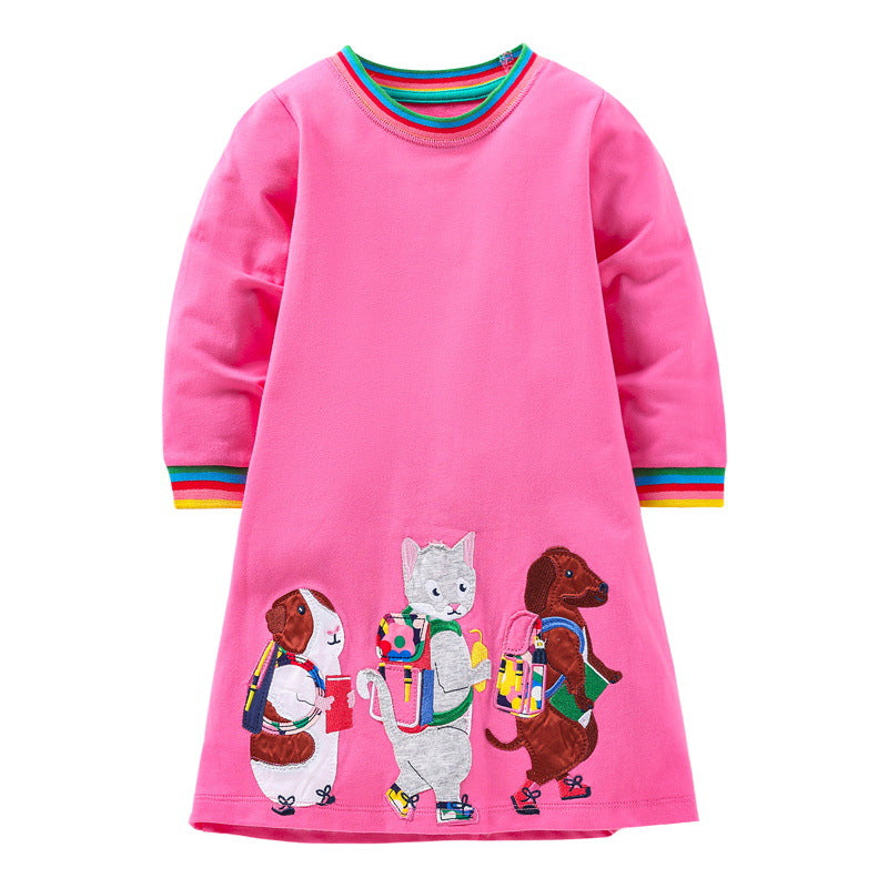 Best Selling Autumn Girls Animals Friends Pattern Rainbow Crew Neck Long Sleeves Dress