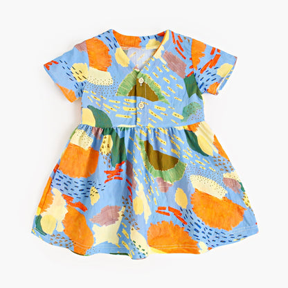 Summer New Arrival Baby Girls Casual Colorful Print Short Sleeves V Neck Dress