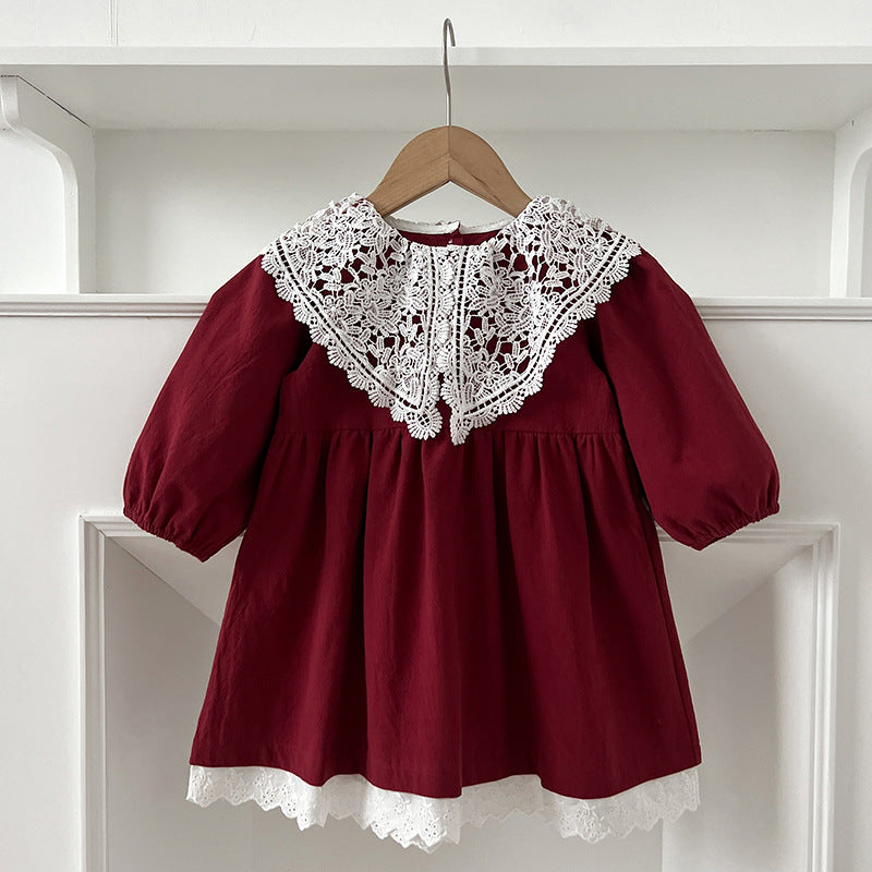 Arrival Autumn Baby Kids Girls Long Sleeves Vintage Hollow-out Lace Collar Dress