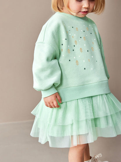 New Design Autumn Girls Geometric Print Crew Neck Long Sleeves Green Tulle Patchwork Princess Dress