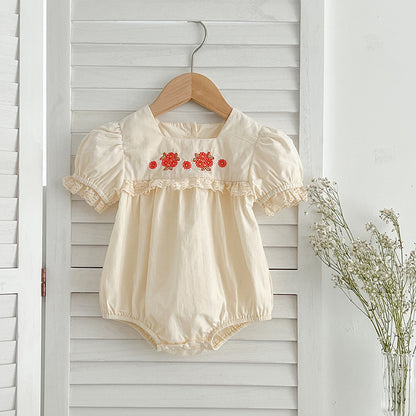 New Arrival Summer Baby Kids Girls Flowers Pattern Embroidery Short Sleeves Square Neck Dress And Bloomers Sets And Onesies – Princess Sister Matching Set