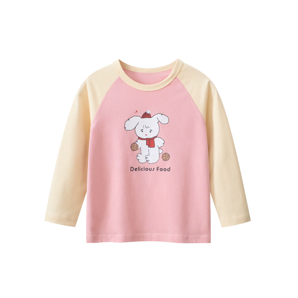 Kids Girls Animals Cartoon Print Crew Neck Long Sleeves Color Patchwork Shirt