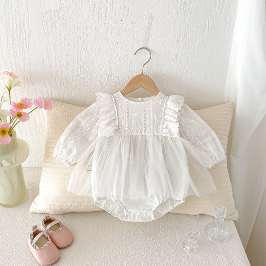 Spring New Arrival Baby Girls Cute Floral Embroidered Pattern and Tulle Patchwork Long Sleeves Onesies