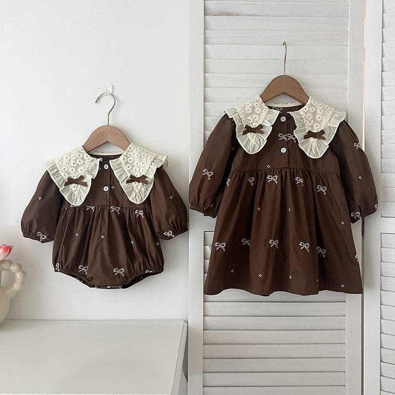 Arrival Autumn Baby Kids Girls Long Sleeves Bows Embroidery Pattern Floral Collar Onesies and Dress – Princess Sister Matching Set