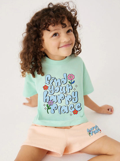 Baby And Kids Girls Floral Words Print Top And Shorts 2-Piece Casual Clothing Set