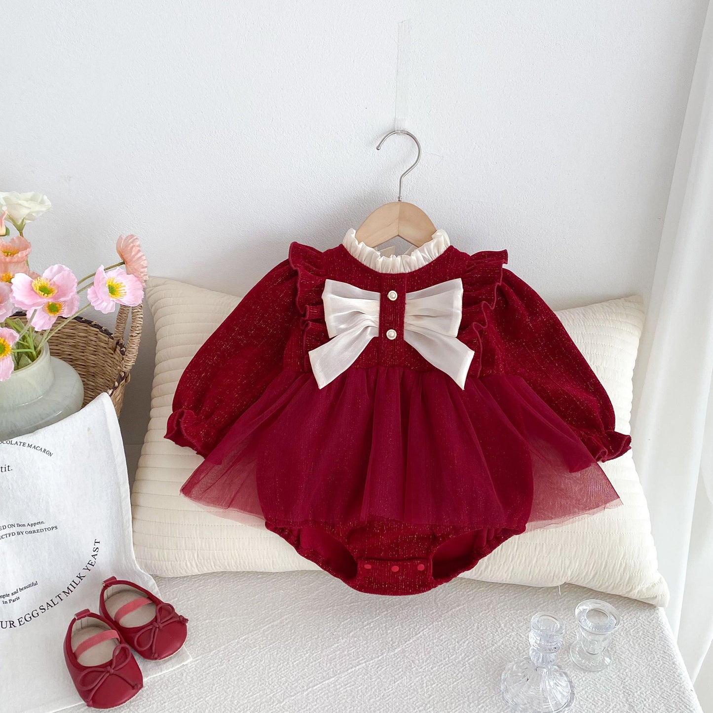 Autumn New Arrival Baby Girls Long Sleeves Red Ruffle Neck Patchwork Onesies Dress