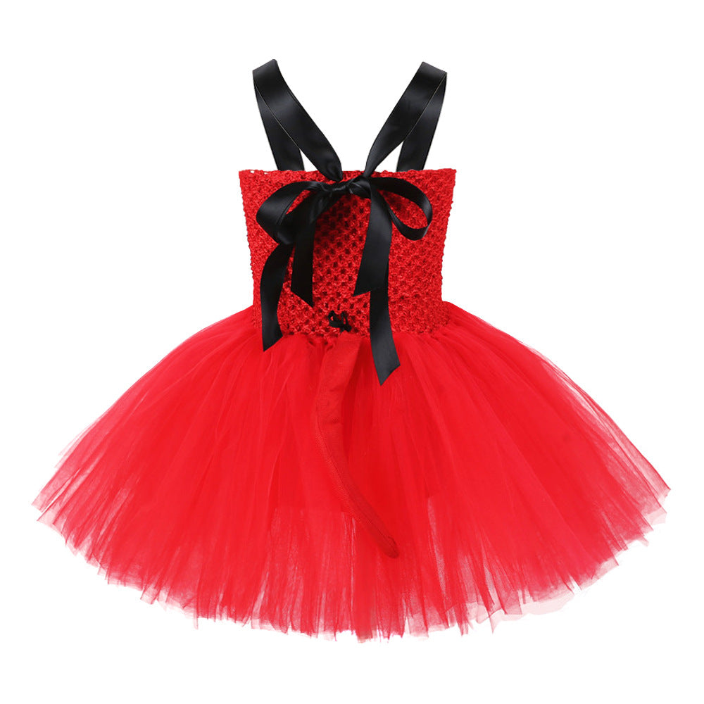 Children Girls’ Halloween Costume Set: Sleeveless Red Tulle Dress with Cosplay Accessories – Sets