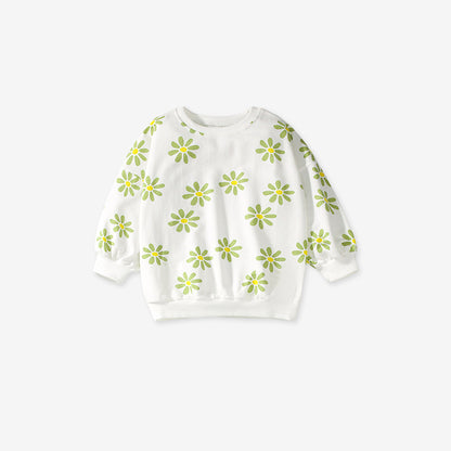 Spring And Autumn Girls Green Floral Print Long Sleeves Top Pullover And Pants Clothing Set