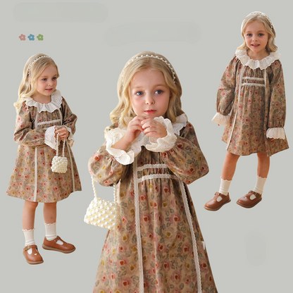 Design Autumn Girls Vintage Floral Ruffle Collar Long Sleeves Dress