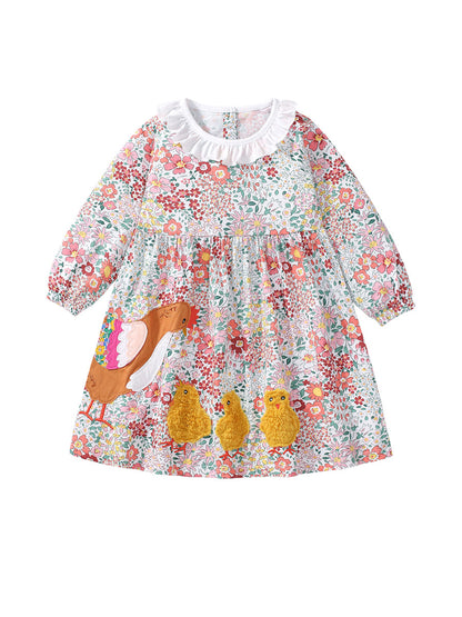 Design Autumn Girls Floral and Chicks Pattern Ruffle Collar Long Sleeves Dress