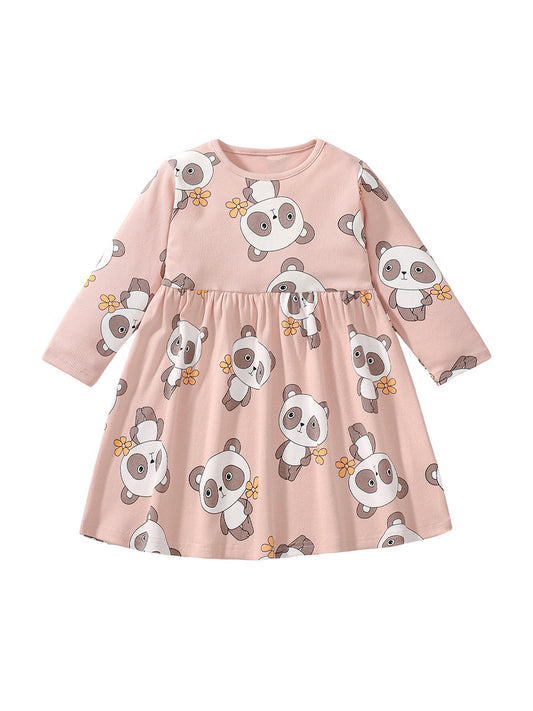 Vestido de cuello redondo con estampado de panda de dibujos animados y mangas largas para niñas de otoño 