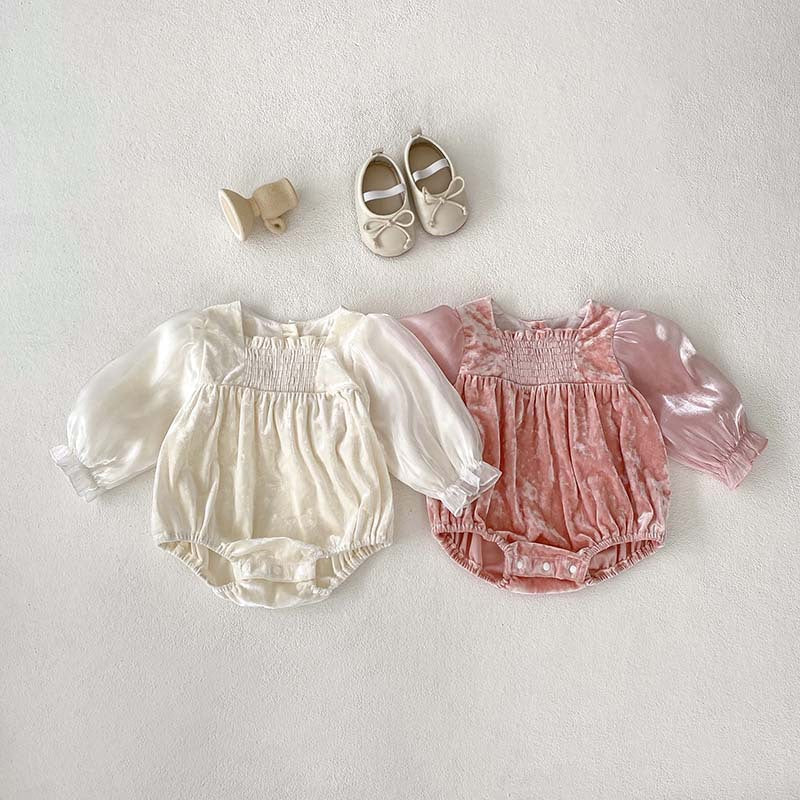 Spring/Autumn Baby Girls Velvet Design Long Sleeves Square Neck Solid Color Onesies